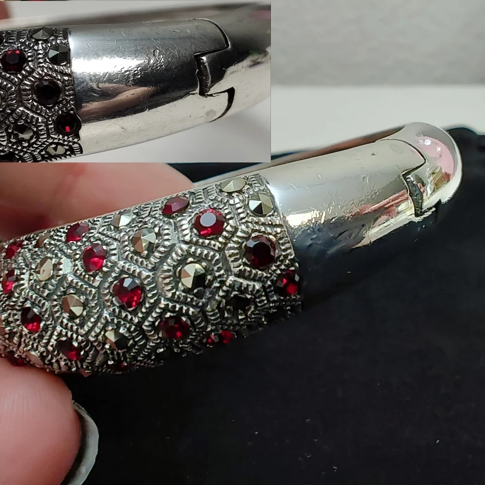 1930's Art Deco Sterling Silver Red Paste Rhinestone Marcasite Hinged Bracelet